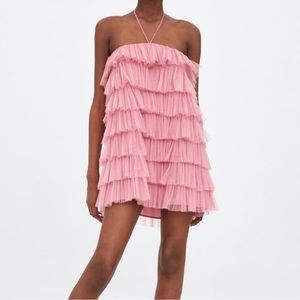 Pink Tulle Ruffled Mini Dress
